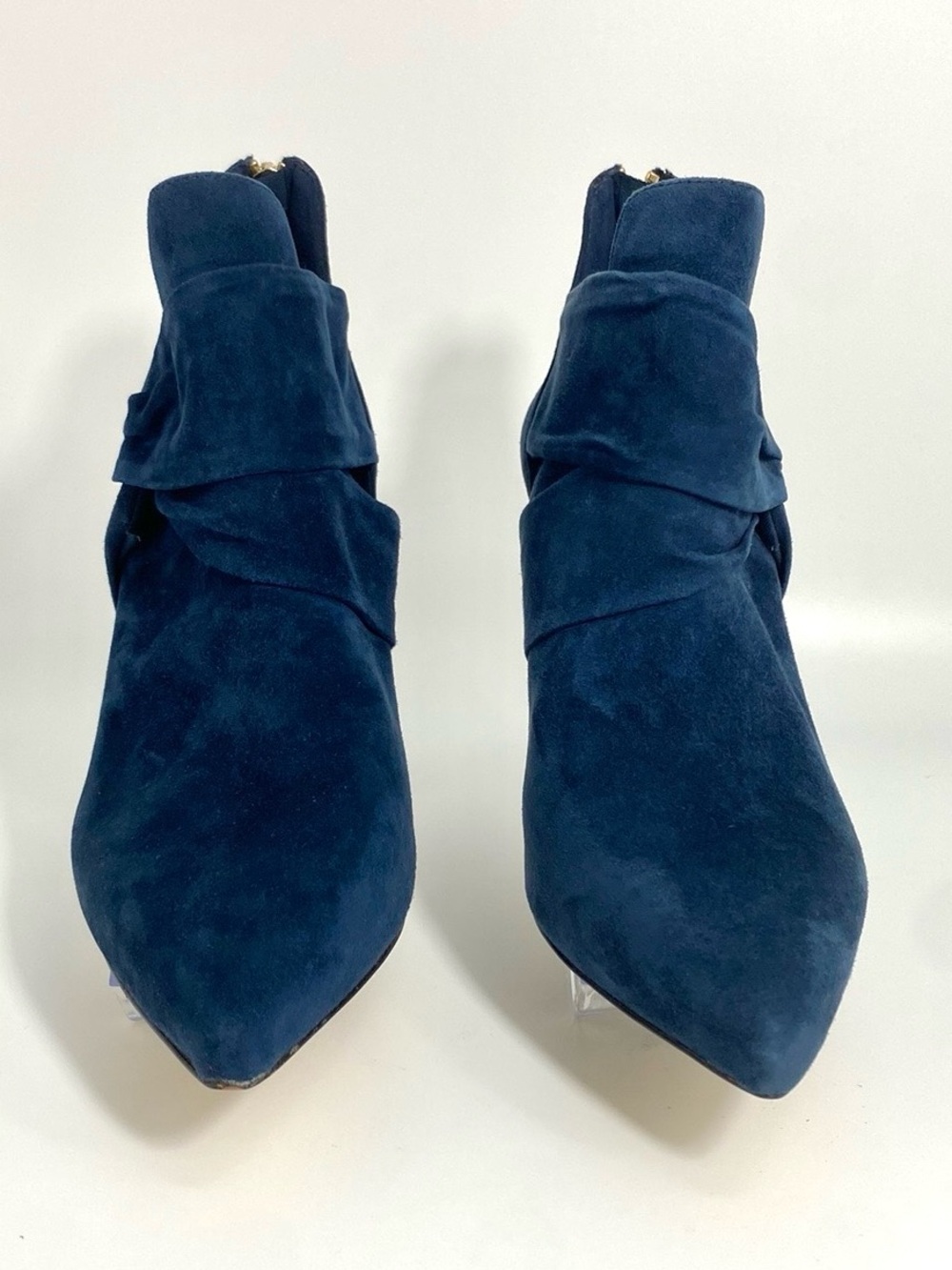 White House Black Market "Chloe" Side Twist Suede Stiletto Booties in Navy Blue - Picture 3 of 9